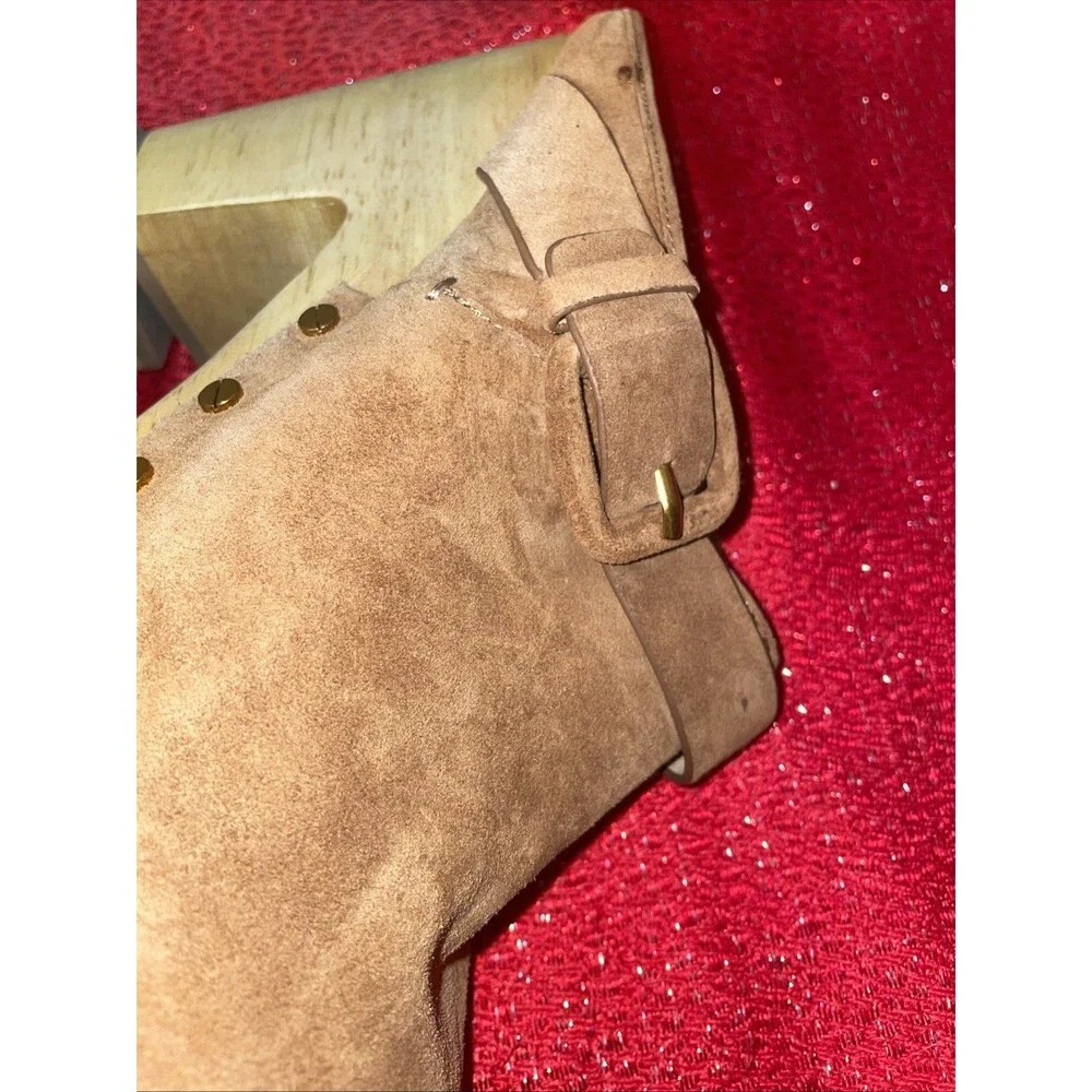Veronica Beard Dacey Buckle Suede Clogs size 11M USA women Tan Pecan Wood Metals